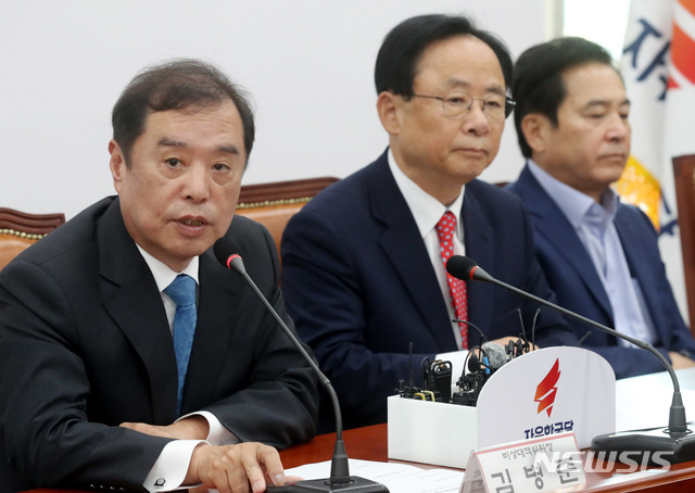 【서울=뉴시스】박영태 기자 = 8일 오전 서울 영등포구 여의도 국회에서 진행된 자유한국당 비대위원장 및 비대위원-중진의원 연석회의에서 김병준 비대위원장이 발언을 하고 있다. 2018.08.08.since1999@newsis.com