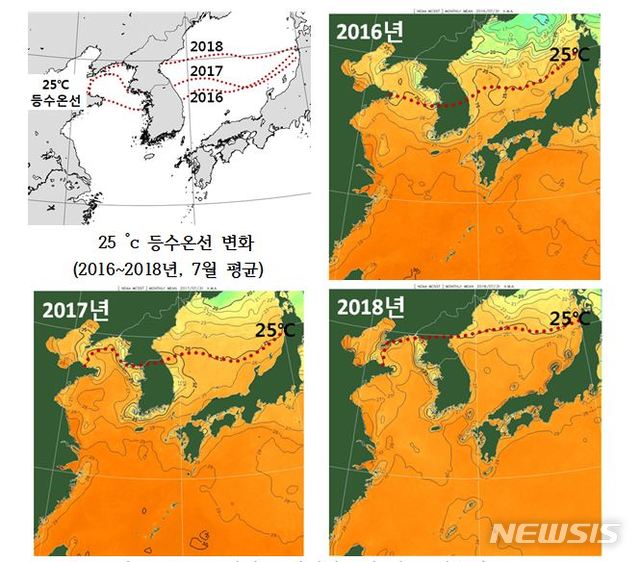 【서울=뉴시스】심동준 기자 = 9일 기상청이 공개한 미국 해양대기청(NOAA) 극궤도 위성을 통한 한반도 주변 해역 2016~2018년 7월 평균 등수온선 분석 자료. 2018.08.09 (사진 = 기상청 제공) s.won@newsis.com