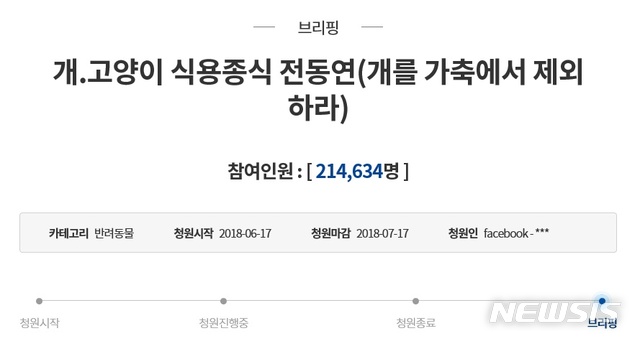 靑 "가축서 개 제외...식용 금지, 사회적 논의 따라야" 