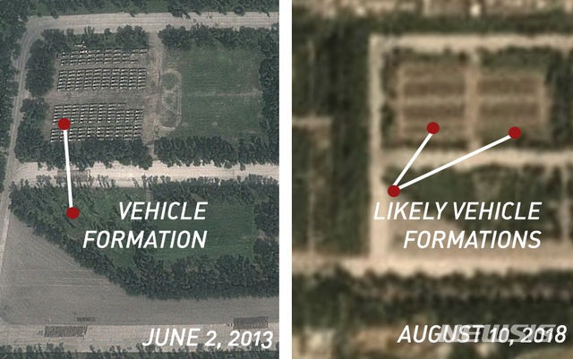 【서울=뉴시스】 북한이 9월 9일 정권 수립 70주년을 맞아 대규모 열병식을 위해 평양 인근에 군사 자산을 집결하고 있는 정황이 포착됐다. 사진은 10일 북한 전문 매체 NK프로가 공개한 평양 미림 비행장의 모습을 찍은 위성사진. 지난 6월2일에 비해 8월 10일에는 집결한 병력의 수가 늘어나 있다.(출처: NK프로 홈페이지) 2018.8.10