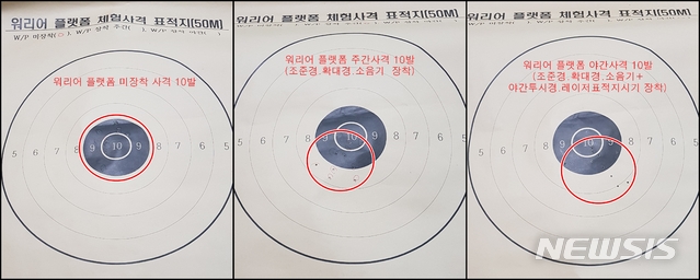 【계룡대=뉴시스】 지난 7일 계룡대 육군본부 실내사격장에서 육군의 차세대 개인전투장비체계인 '워리어 플랫폼' 체험사격을 했다. 워리어 플랫폼 개인 전투장비를 장착한 뒤 주야간 사격을 한 결과 조준과 격발까지 시간이 대폭 줄었음에도 명중률은 떨어지지 않았다.  