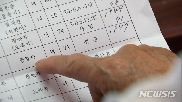 【서울=뉴시스】황우석(89)할아버지는 헤어질 당시 3살이었던 딸을 만난다. 70년 가까이 철책선이 남과 북을 갈라놓은 사이 딸 황영숙씨는 71세 할머니가 됐다. 2018.08.15. (사진=통일부 공동취재단)&nbsp;&nbsp; photo@newsis.com 