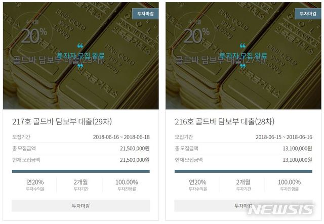【서울=뉴시스】P업체 홈페이지에 게시된 골드바 담보 대출 투자자 모집 완료 공지 화면.
