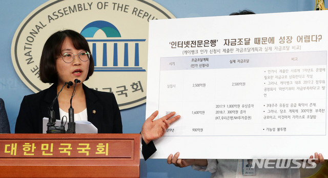 【서울=뉴시스】홍효식 기자 = 정의당 추혜선 의원과 경제정의실천시민연합, 금융정의연대, 민변 민생경제위원회, 참여연대 경제금융센터 등 관계자들이 20일 오전 서울 여의도 국회 본청 정론관에서 은산분리 규제완화 법안 처리 중단 촉구 기자회견을 하고 있다. 2018.08.20. yesphoto@newsis.com