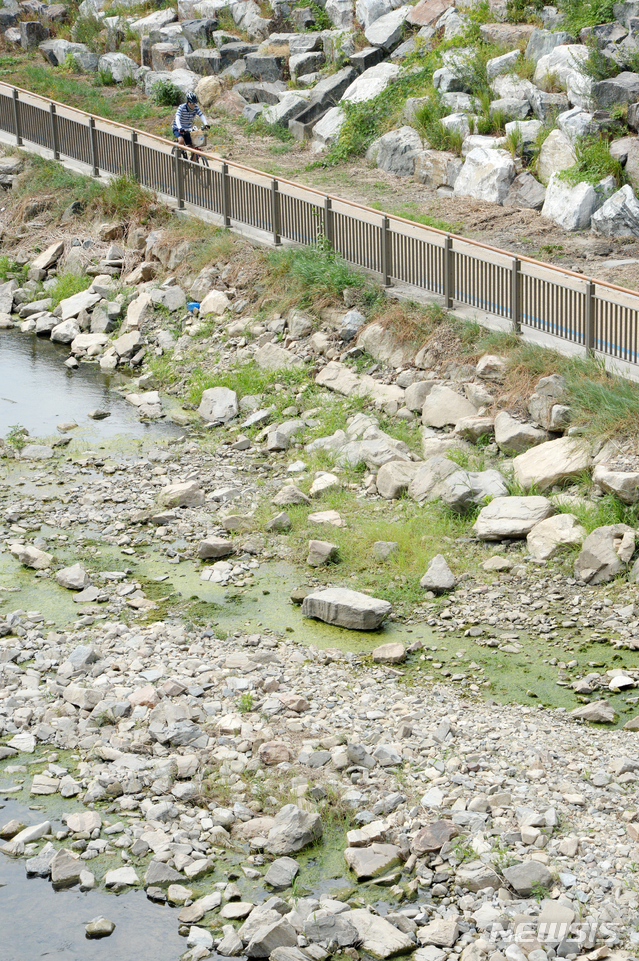 【전주=뉴시스】 김얼 기자 = 무더위가 기승을 부리며 수일째 비가 내리지 않은 전북 전주시 완산구 한벽교 일대의 전주천 상류가 20일 물이 말라 바닥이 보이고 있다. 2018.08.20pmkeul@newsis.com