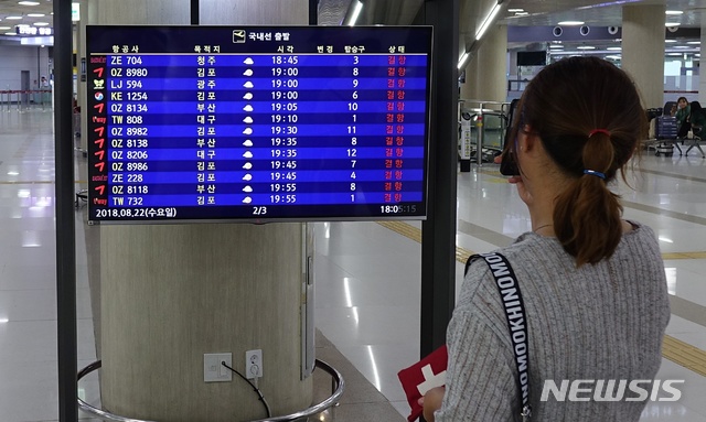【제주=뉴시스】배상철 기자 = 22일 오후 6시를 기점으로 제주공항에서 출발하는 모든 항공편이 결항됐다. 한 관광객이 제주공항의 국내선 출발 현황판을 휴대폰으로 촬영하고 있다. 2018.08.22.&nbsp; bsc@newsis.com 