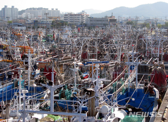 【목포=뉴시스】박상수 기자 = 제19호 태풍 '솔릭(SOULIK)'이 북상하면서 22일 오전 전남 목포항이 피항한 어선들로 가득차 있다. 2018.08.22.&nbsp; parkss@newsis.com