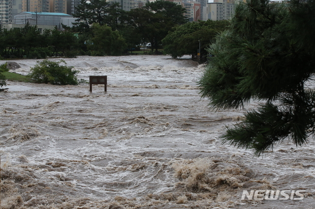 【제주=뉴시스】조수진 기자 = 23일 제19호 태풍 '솔릭(SOULIK)'의 영향으로 제주시 외도천의 물이 불어났다. 2018.08.23.&nbsp; susie@newsis.com 