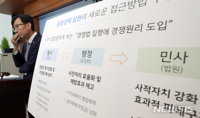 【세종=뉴시스】강종민 기자 = 김상조 공정거래위원장이 지난 24일 정부세종청사에서 변화하는 경제환경과 공정경제·혁신성장 등 시대적 요구를 반영한 '공정거래법 전부개정안'을 발표하며 고민스런 표정을 짓고 있다. 2018.08.26. ppkjm@newsis.com