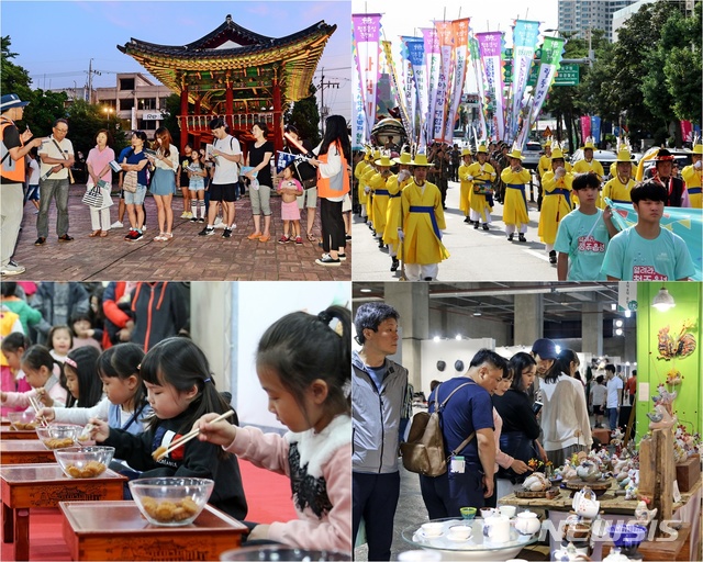 【청주=뉴시스】강신욱 기자 = 가을 문턱에 들어서는 8월 말부터 9월 초까지 충북 청주는 문화예술 행사가 이어지는 축제의 향연이다. 사진 위 왼쪽부터 시계 방향으로 문화재야행, 읍성큰잔치, 공예페어, 젓가락페스티벌. 2018.08.25. (사진=청주시 제공) photo@newsis.com