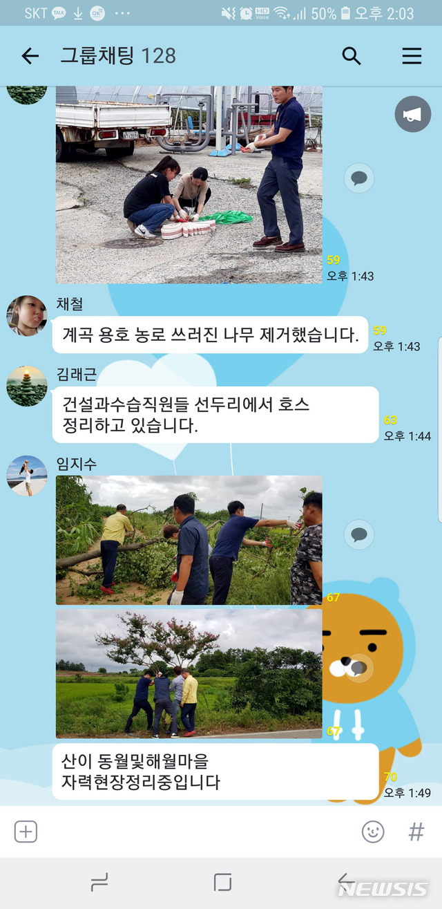 【해남=뉴시스】박상수 기자 = 전남 해남군은 태풍 솔릭의 북상을 앞두고 개설한 단체 대화방이 피해를 줄이고 신속한 대처에 큰 도움이 됐다고 26일 밝혔다. 사진은 명현관 군수와 직원 등 130여 명이 참여한 대화방에 올라온 태풍 소식. 2018.08.26. (사진=해남군 제공) photo@newsis.com