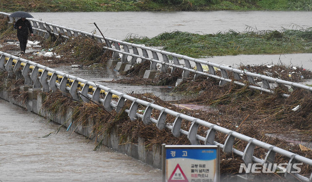 【대전=뉴시스】함형서 기자 = 27일 오전 전날 밤부터 내리는 비로 쓰레기와 수초가 쌓여 있는 대전 서구 유등천에서 한 시민이 우산을 쓴채 길을 걷고 있다. 2018.08.27.foodwork23@newsis.com