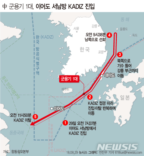 【서울=뉴시스】전진우 기자 = 합동참모본부에 따르면 29일 오전 7시37분 경, 중국 국적의 군용기 1대가 한국 방공식별구역(카디즈·KADIZ)을 침범해 우리 공군 전투기가 대응 출격했다.  618tue@newsis.com