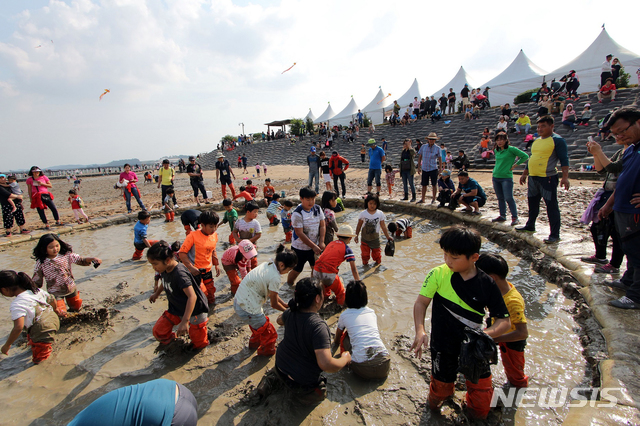 【무안=뉴시스】박상수 기자 = 제6회 무안황토갯벌축제가 다음달 7일부터 9일까지 3일간 갯벌습지보호지역 1호인 무안군 해제면 무안황토갯벌랜드 일원에서 펼쳐진다. 사진은 지난해 행사에 참여한 어린이들이 갯벌체험을 하고 있다. 2018.08.30. (사진=무안군 제공) photo@newsis.com