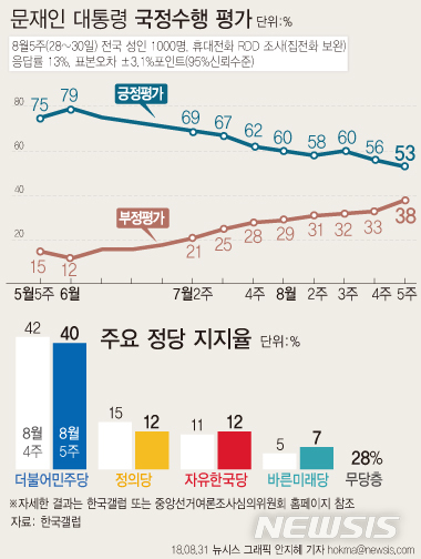 【서울=뉴시스】안지혜 기자 = 8월 넷째주 한국갤럽이 문재인 대통령의 직무수행 지지율을 조사한 결과 53%가 긍정평가했다. 부정평가 38%, 어느쪽도 아님 4%, 응답거절 4%.hokma@newsis.com