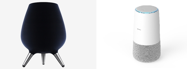 최근 공개된 삼성전자 AI스피커 '갤럭시 홈(왼쪽)'과 화웨이 'AI 큐브’.