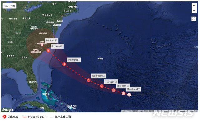 【서울=뉴시스】 9일(현지시간) CNN에 따르면 허리케인 '플로렌스'가 이번 주 목요일 미국 동부 연안을 강타할 것으로 보인다. (사진=CNN 캡쳐) 2018.9.10