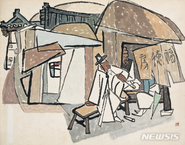 【서울=뉴시스】 운보 김기창의 '복덕방'. 복덕방과 앞에 앉은 노인을 작가의 심상속에서 재배치한 형태로 구성한 작품으로 시작가(1900만원)의 3배를 웃도는 7300만원에 낙찰됐다.