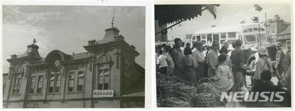 【대구=뉴시스】정창오 기자 = 대구근대역사관은 14일 역사관 기획전시실에서 미국인 기증사진 등 1950년대 대구 거리와 사람들 모습을 담은 사진 50여점과 사진 관련 유물 20여점을 소개했다. 사진 왼쪽은 옛 대구역이고 오른쪽은 당시 운행하던 버스와 시민들 모습이다. 2018.09.14.(사진=대구시 제공) photo@newsis.com