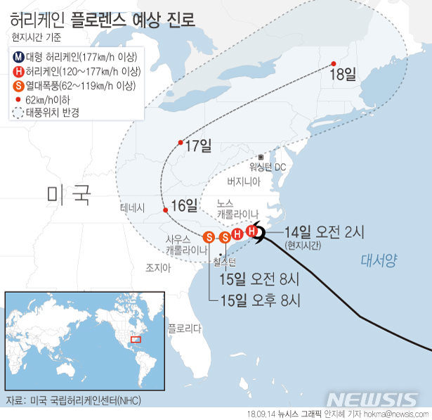 【서울=뉴시스】안지혜 기자 = 미국 국립허리케인센터(NHC)에 따르면 허리케인 플로렌스는 12일(현지시간) 오후 6시 노스캐롤라이나주 윌밍턴의 남동쪽 100마일(160㎞) 해상을 지나고 있다. hokma@newsis.com