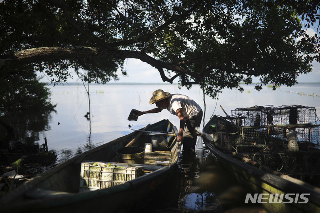 【아르볼리요(멕시코)=AP/뉴시스】멕시코 베라크루스주 아르볼리요에서 17일 어부 한 명이 일을 하고 있다. 이 지역에서는 수십 곳의 비밀 묘지들에서 최소 170구의 시신들이 발견됐다. 멕시코에서 신원이 확인되지 않는 시신들의 발견이 급격히 늘어나 수용 능력이 없어진 시체보관소들이 늘어나면서 냉동트럭에 시신을 실어 보관하다가 악취로 인한 불만이 증가하고 있다. 2018.9.18