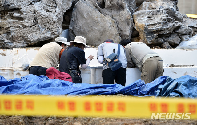 【대구=뉴시스】우종록 기자 = 국내에서 7번째로 붉은불개미가 발견된 18일 오후 대구 북구 매천동의 한 아파트 건설 현장 조경용 중국산 석재에서 환경 당국 관계자들이 현장 조사를 하고 있다. 2018.09.18. wjr@newsis.com