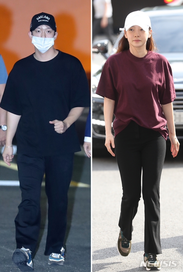 【서울=뉴시스】조수정 기자 = 그룹 '카라' 출신 구하라가 남자친구 폭행 의혹과 관련, 조사를 받기 위해 18일 오후 서울 강남경찰서로 들어서고 있다(오른쪽). 왼쪽 사진은 전날 저녁 경찰에 출석해 조사를 받은 전 남자친구 헤어디자이너 A씨. A씨는 구하라가 지난 13일 자신을 폭행했다고 신고했고 구하라는 쌍방 폭행을 주장하고 있는 상태다.&nbsp; 2018.09.18. chocrystal@newsis.com