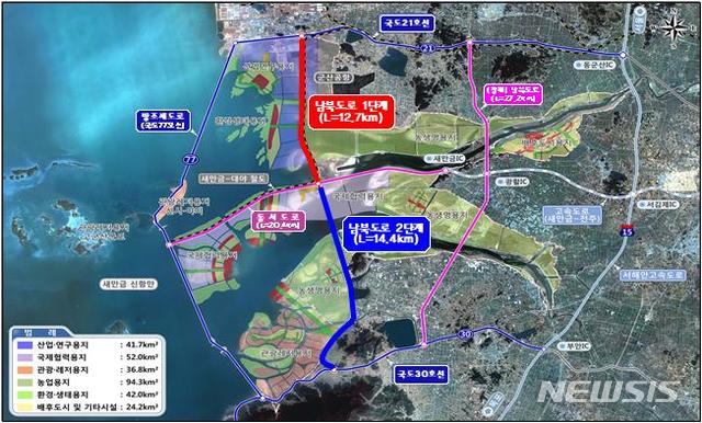 【서울=뉴시스】남북도로 건설사업 계획 노선도 (제공=새만금개발청)