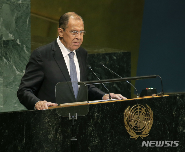 【유엔본부=AP/뉴시스】세르게이 라브로프 러시아 외무장관이 28일(현지시간) 73차 유엔 총회에서 연설하고 있다. 2018.9.29