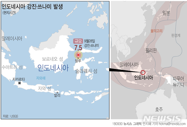 【서울=뉴시스】지난 28일 밤 인도네시아 술라웨시섬 북부에서 규모 7.5의 강진이 발생했고 이후 1.5~2.0m의 쓰나미가 발생했다. (그래픽=안지혜 기자) hokma@newsis.com
