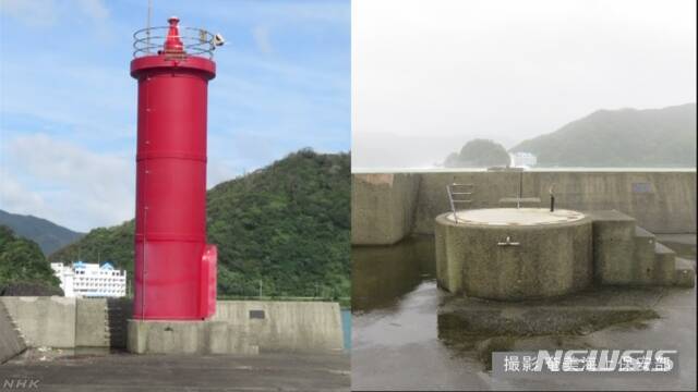 【서울=뉴시스】일본 가고시마 현에서 30일 초강력 태풍 짜미의 영향으로 강풍이 불면서 바닷가에 세워져 있던 11m 높이의 등대가 뽑혀 날아가버렸다. 사진은 현장의 모습. <사진출처: NHK>2018.09.30