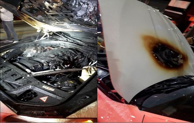  【서울=뉴시스】 1일 소방당국에 따르면 이날 오후 7시42분께 서울 송파구청 옆 도로에서 김모(41)씨가 운전하던 BMW 520d 승용차에 화재가 발생했다. (사진 제공=송파소방서)