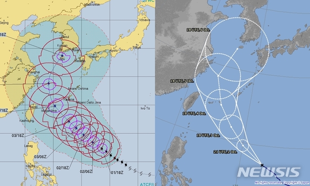 【제주=뉴시스】미국합동태풍센터(JTWC·왼쪽)와 일본 기상청의 태풍 '콩레이' 예상 진로도. (사진=미국 해군 홈페이지 및 일본 기상청 홈페이지 화면 캡처)