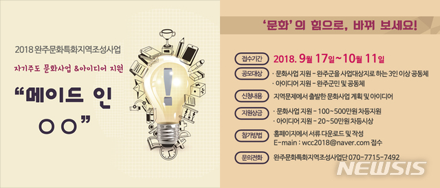 【완주=뉴시스】윤난슬 기자 = 완주문화특화지역조성사업단은 문화특화지역 조성 기반 마련을 위한 공동체 활동을 지원하기 위해 다양한 공모사업을 전개한다고 3일 밝혔다. 사진은 포스터. 2018.10.03.(사진=사업단 제공) photo@newsis.com