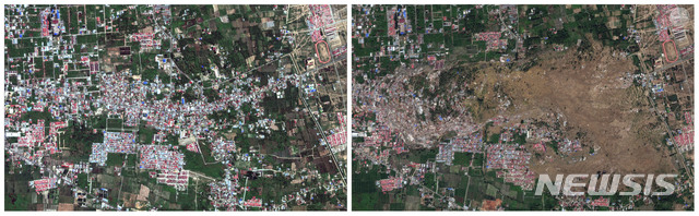 【AP/뉴시스】미국 민간위성 디지털글로브가 촬영한 인도네시아 술라웨시 섬 팔루의 지진 및 쓰나미 발생 전후의 모습. 왼쪽은 8월 17일에 찍은 사진이고, 오른쪽은 지진 및 쓰나미 발생 이후인 1일 찍은 사진이다. 건물과 나무들이 있던 곳이 흙으로 덮여 있다. 2018.10.02 