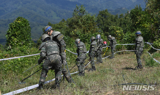 【철원=뉴시스】 사진공동취재단 = 육군은 비무장지대 내 6.25 전사자 유해발굴을 위한 지뢰제거작업을 2일 강원도 철원군 5사단(열쇠부대) 인근 비무장지대 수색로 일대에서 개시했다. 장병들이 지뢰탐지 및 제거작업을 벌이고 있다. 2018.10.03.&nbsp;&nbsp; photo@newsis.com