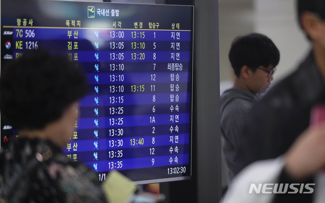 【제주=뉴시스】우장호 기자 = 제25호 태풍 '콩레이'(KONG-REY)가 우리나라를 향해 빠르게 북상 중인 5일 오허 제주국제공항 2층 대합실에 항공기 지연을 알리는 안내가 늘어가고 있다. 2018.10.05. woo1223@newsis.com