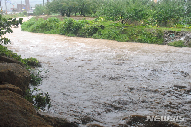 【김천=뉴시스】김덕용 기자 = 태풍 주의보가 발령된 6일 오후 김천시 아포읍 송천리~금계리 마을로 들어가는 하천에 물살이 빨라지고 있다. 2018.10.06(사진=뉴시스DB) photo@newsis.com