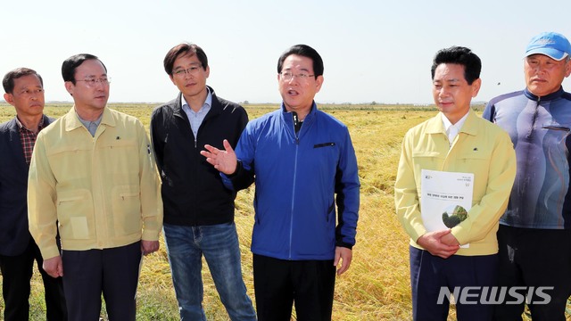 【영암=뉴시스】신대희 기자 = 김영록 전남도지사가 7일 오전 한반도를 강타한 '제25회 태풍 콩레이' 영향으로 벼 도복(쓰러짐) 피해를 입은 영암군 삼호읍 서호리를 방문, 영암군수 안내로 농경지를 살펴보고 있다. 전남도는 태풍이 남기고 간 상처를 치유하기 위해 재해 복구에 전력을 쏟고 있다. 2018.10.07. (사진 =전남도 제공) photo@newsis.com