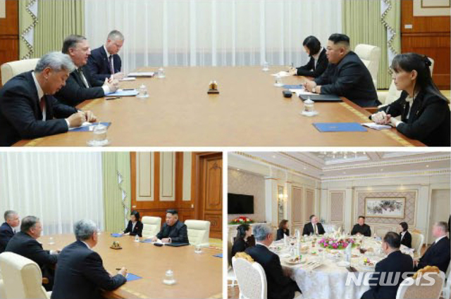 【서울=뉴시스】 북한 노동신문은 지난 7일 김정은 국무위원장이 백화원 영빈관에서 폼페이오 미 국무장관을 접견했다고 8일 보도했다. 2018.10.08. (출처=노동신문) photo@newsis.com