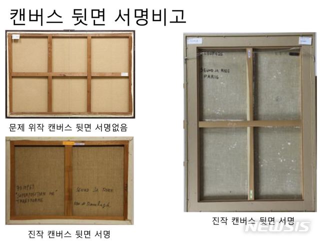 【서울=뉴시스】&nbsp;&nbsp; 국립현대미술관 소장 이성자 作 ‘숨겨진 나무의 기억들’ 작품 비교 사진(위작, 진작, 작가서명 작품확인서) 김재원의원실 제공 