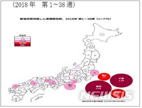 【세종=뉴시스】일본의 풍진 지역별 발생 현황. 2018.10.12.(그래픽 = 질병관리본부 제공)photo@newsis.com