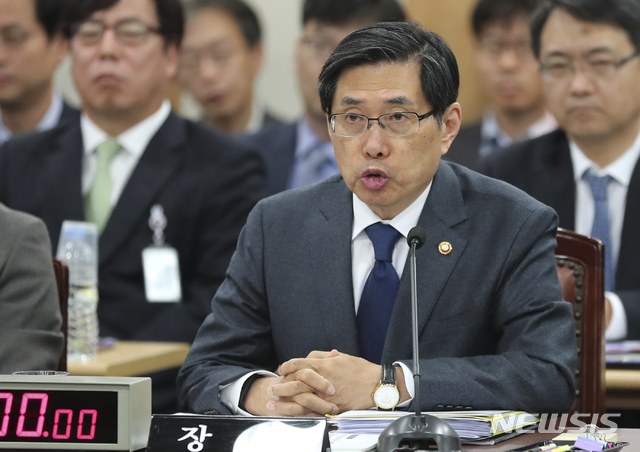 【과천=뉴시스】최진석 기자 = 박상기 법무부 장관이 12일 오전 경기 과천 정부과천청사 법무부에서 열린 국회 법제사법위 법무부 국정감사에서 문재인 대통령의 강정마을 사면복권 관련한 여상규 위원장의 질문에 그 답변은 주질의에 하겠다고 말하고 있다.이후 자유한국당 의원들은 답변 하지 않는 것을 문제로 자리를 비우며 법무부 국감은 파행됐다. 2018.10.12.myjs@newsis.com