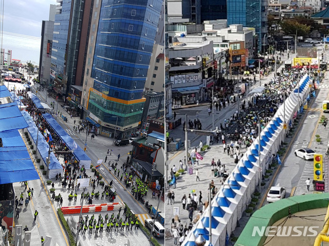 【부산=뉴시스】 하경민 기자 = 13일 부산 해운대구 구남로에서 성 소수자단체가 주최하는 축제인 '제2회 부산퀴어문화축제'(왼쪽)와 함께 100m 떨어진 곳에서 종교단체들이 주최하는 동성애 반대집회인 '제2회 레알러브시민축제'(오른쪽)가 열리고 있다. 2018.10.13. (사진=부산경찰청 제공)yulnetphoto@newsis.com