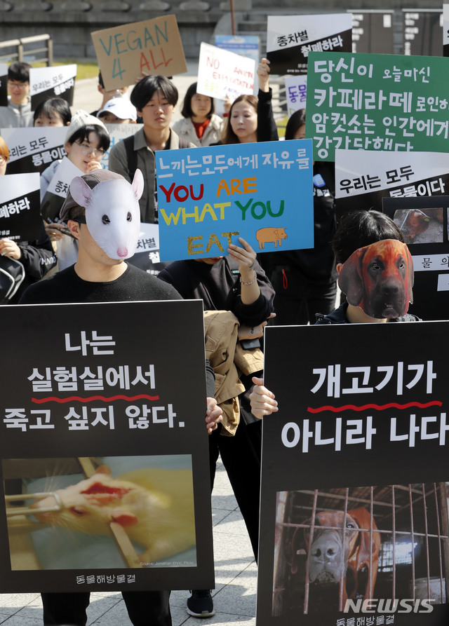 【서울=뉴시스】최동준 기자 = 동물권단체 동물해방물결 회원들이 14일 서울 종로구 보신각 앞에서 기자회견을 열고 동물 종차별 철폐를 촉구하고 있다. 2018.10.14. photocdj@newsis.com