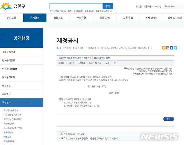 금천구, 2017년도 지방재정운영 현황 공개