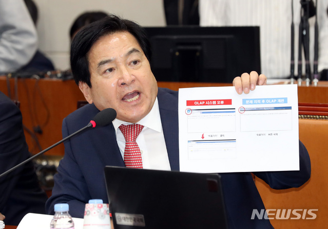 【서울=뉴시스】박영태 기자 = 16일 서울 영등포구 여의도 국회에서 열린 국회 기획재정위원회의 한국수출입은행, 한국조폐공사, 한국투자공사, 한국재정정보원, 국제원산지정보원의 오후 국정감사에서 심재철 자유한국당 의원이 김재훈 한국재정정보원장에게 질의하고 있다. 2018.10.16.since1999@newsis.com