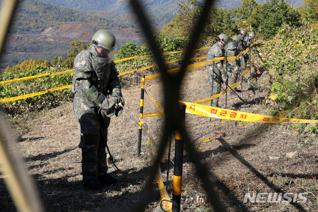 【철원=뉴시스】박진희 기자 = 육군 장병들이 지난해 10월17일 오후 강원도 철원군 육군 5사단 비무장지대 GP 인근에서 지뢰발굴 작업을 하고 있다. 2018.10.17. pak7130@newsis.com