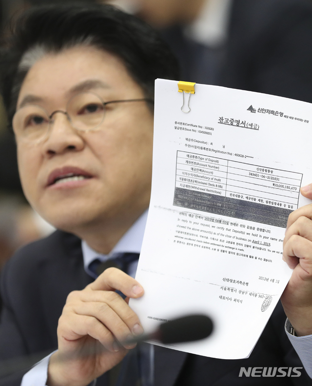 【서울=뉴시스】최진석 기자 = 자유한국당 장제원 의원이 19일 오전 서울 서초구 서울고등검찰청에서 열린 국회 법제사법위원회의 서울고검·중앙지검 등에 대한 국정감사에서 윤석열 서울중앙지검장에게 장모에 관한 질의를 하며 서류를 들어 보이고 있다. 2018.10.19.myjs@newsis.com