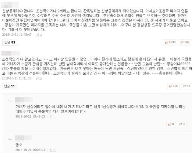 【서울=뉴시스】'강서 PC방 살인 사건' 관련 기사에 달린 댓글들. 일부 댓글 게시자들이 피의자 김모(30)씨와 그의 동생이 중국동포라고 주장하고 있다.